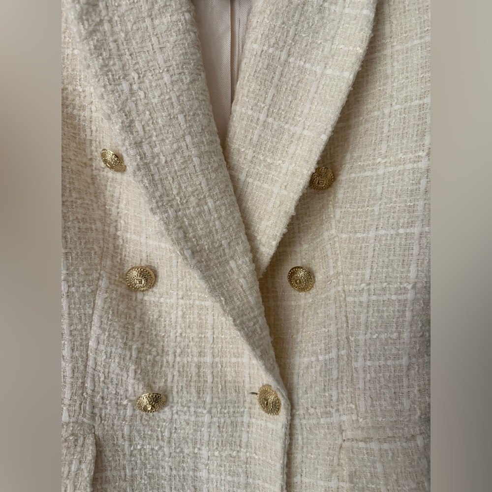 ZARA Cream Tweed Blazer | Double Breasted Gold Buttons | Chanel Style | Size S - Picture 3 of 11